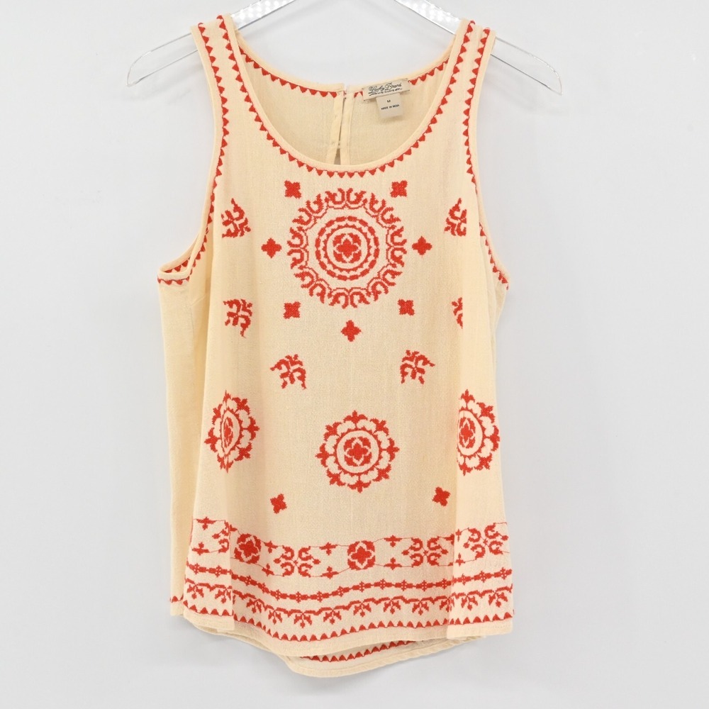 Lucky Brand Embroidered Top Womens Size M Beige Red Sleeveless Scoop Neck Tank